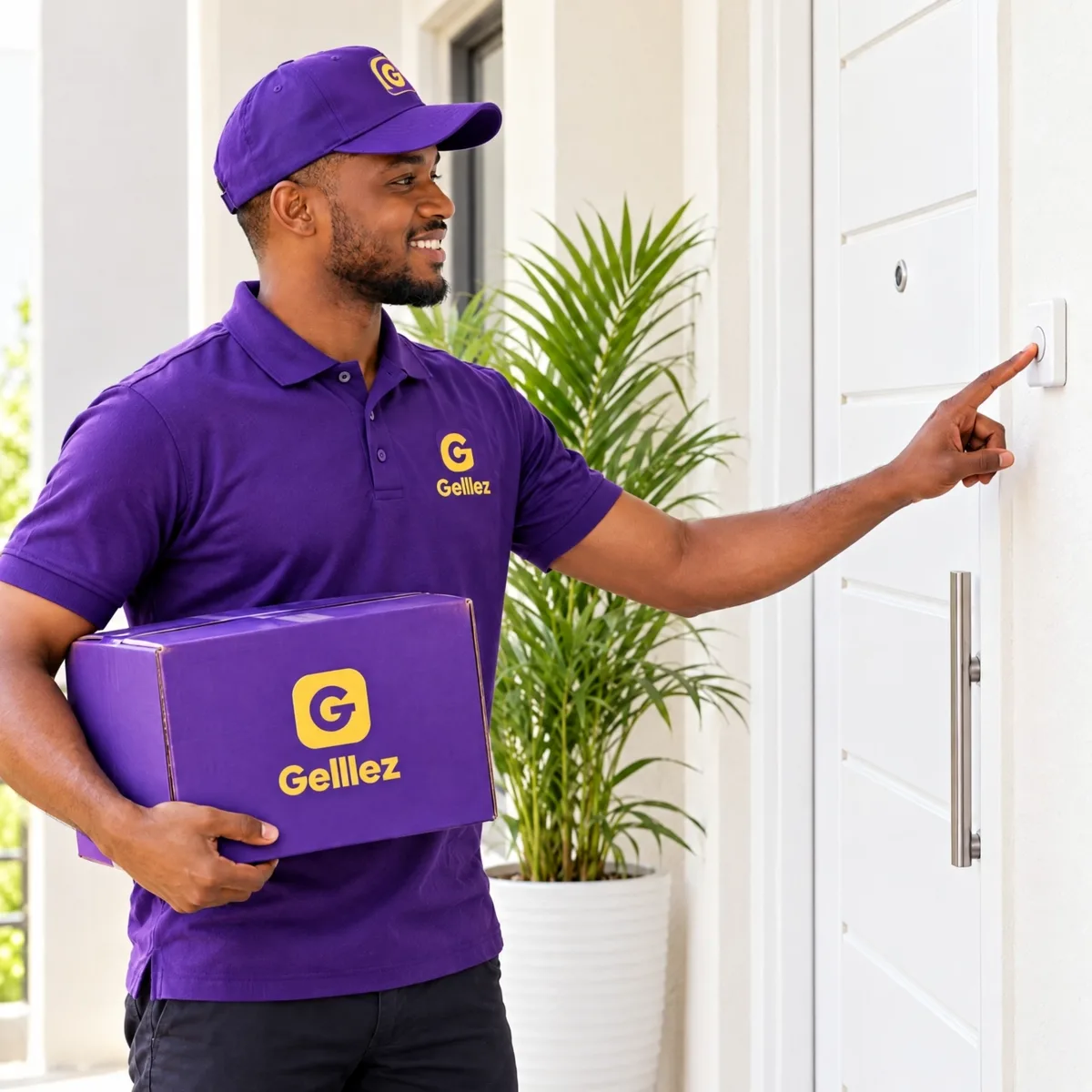 A Gelllez delivery man in a purple Gelllez shirt ringing a customer’s doorbell with a Gelllez parcel